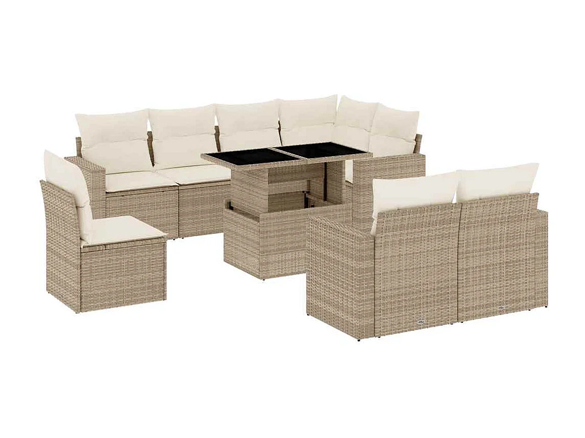 Salon de jardin avec coussins 9 pcs beige résine tressée