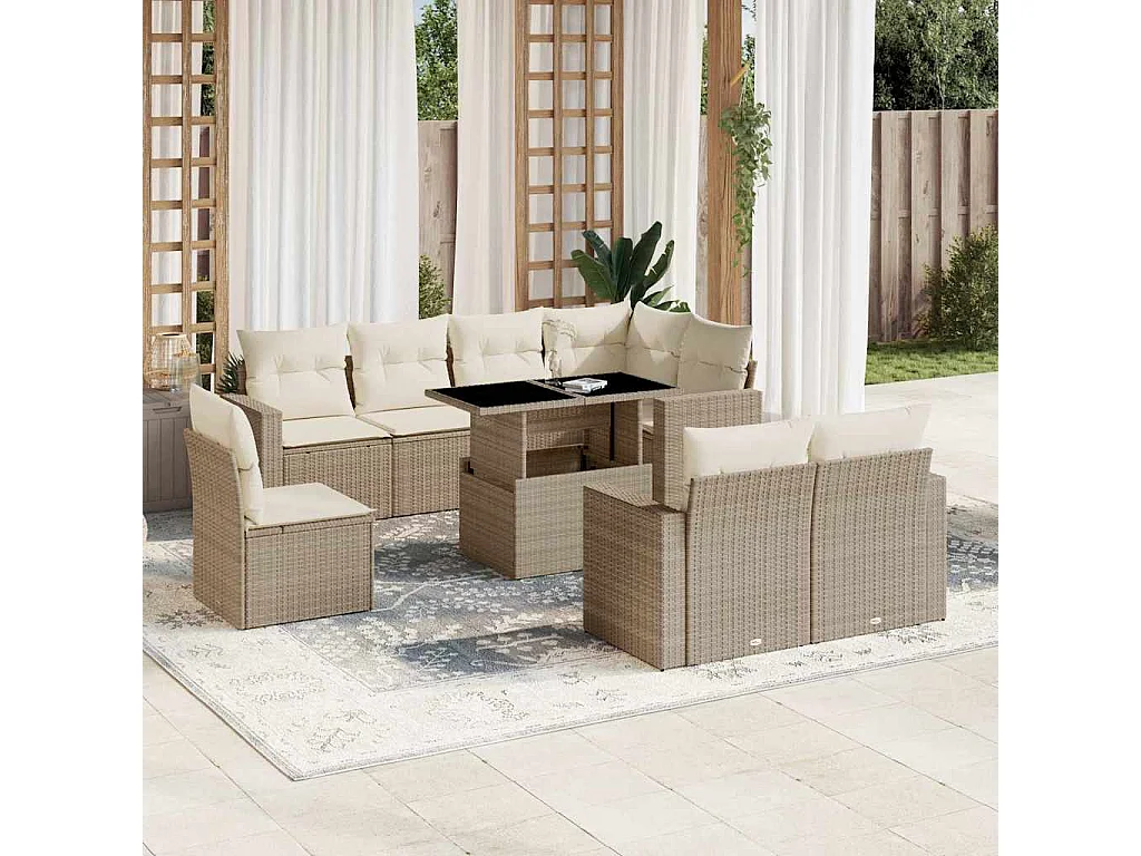 Salon de jardin avec coussins 9 pcs beige résine tressée