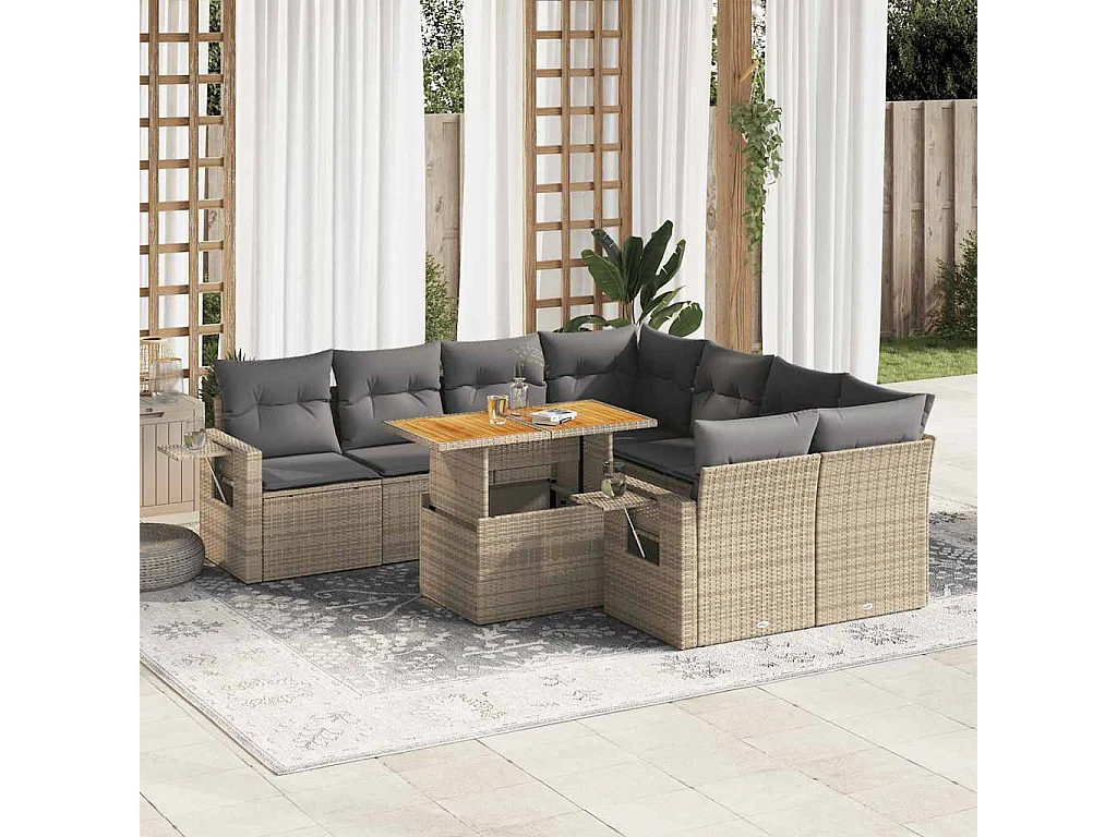 Set Divano da Giardino 9 pz con Cuscini Beige in Polyrattan