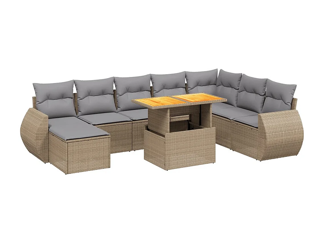9-tlg. Garten-Sofagarnitur mit Kissen Beige Poly Rattan
