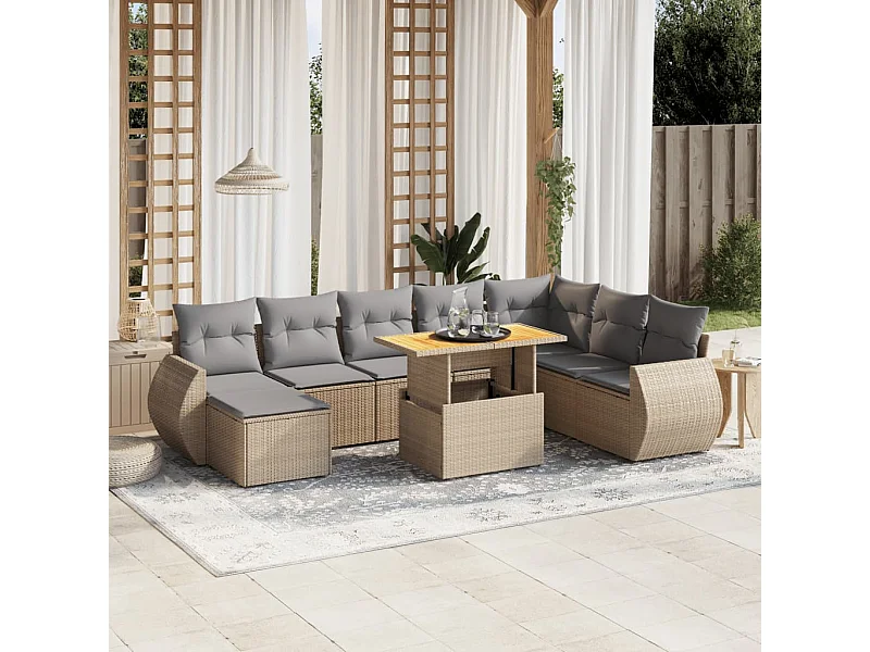 9-delige Loungeset met kussens poly rattan beige