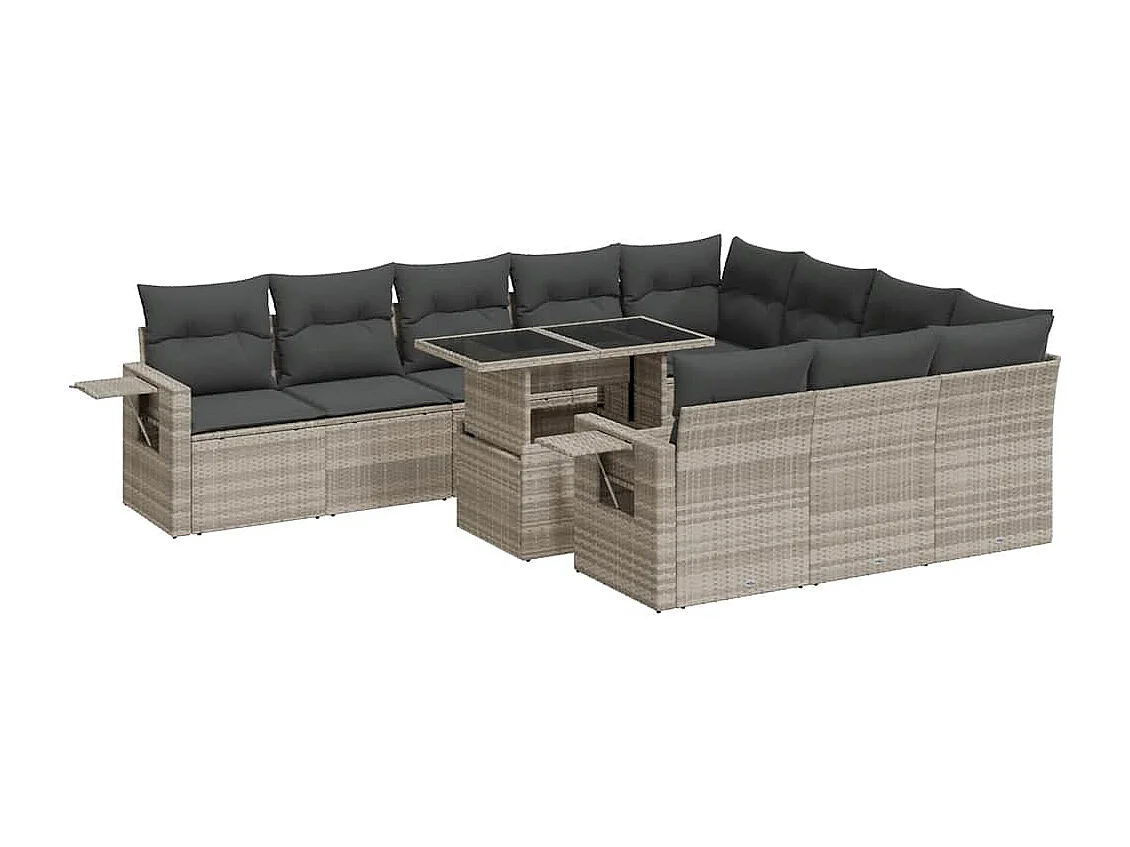 11-tlg. Garten-Sofagarnitur mit Kissen Hellgrau Poly Rattan