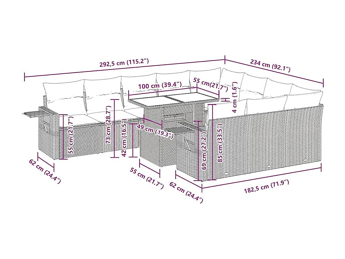 11-tlg. Garten-Sofagarnitur mit Kissen Hellgrau Poly Rattan