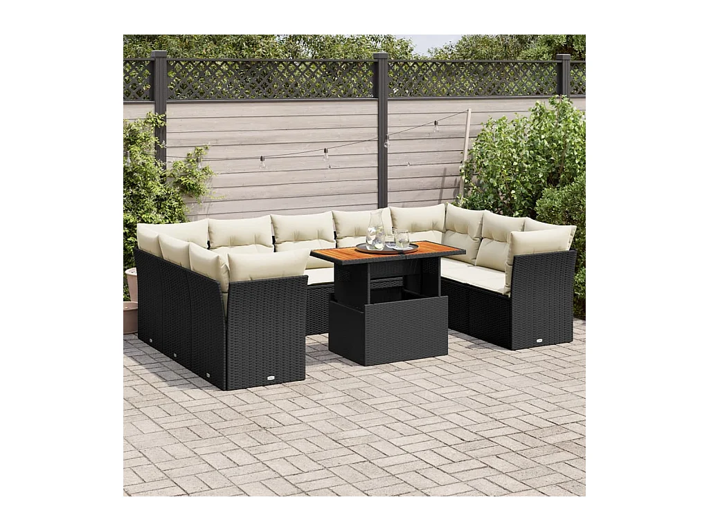 Salon de jardin 10 pcs avec coussins noir résine tressée