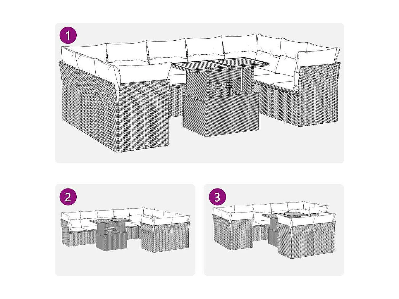 10 pcs conjunto sofás de jardim c/ almofadões vime PE preto