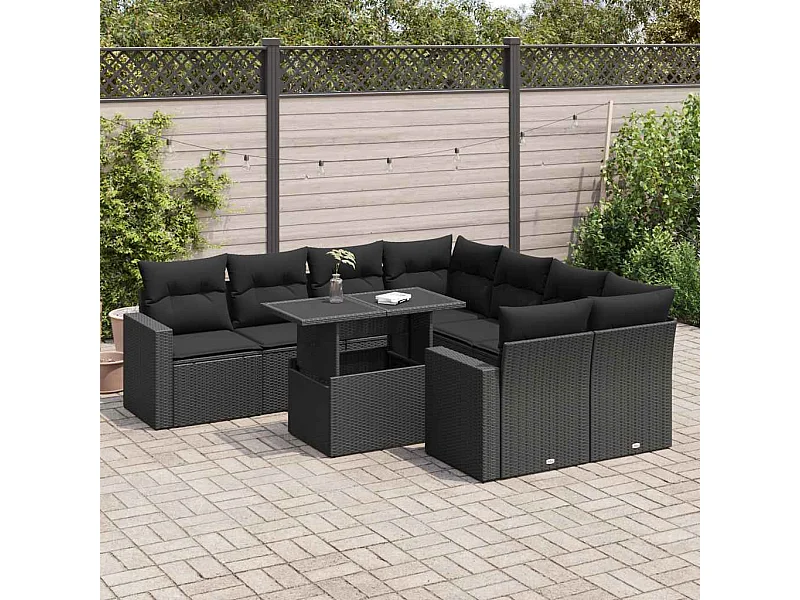 Set Divani da Giardino 9 pz con Cuscini Nero in Polyrattan