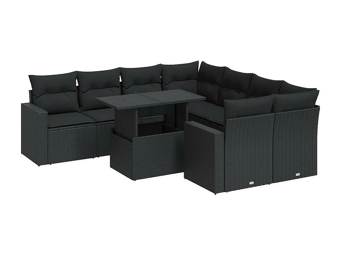 Set de sofás de jardín con cojines 9 pzas ratán sintético negro