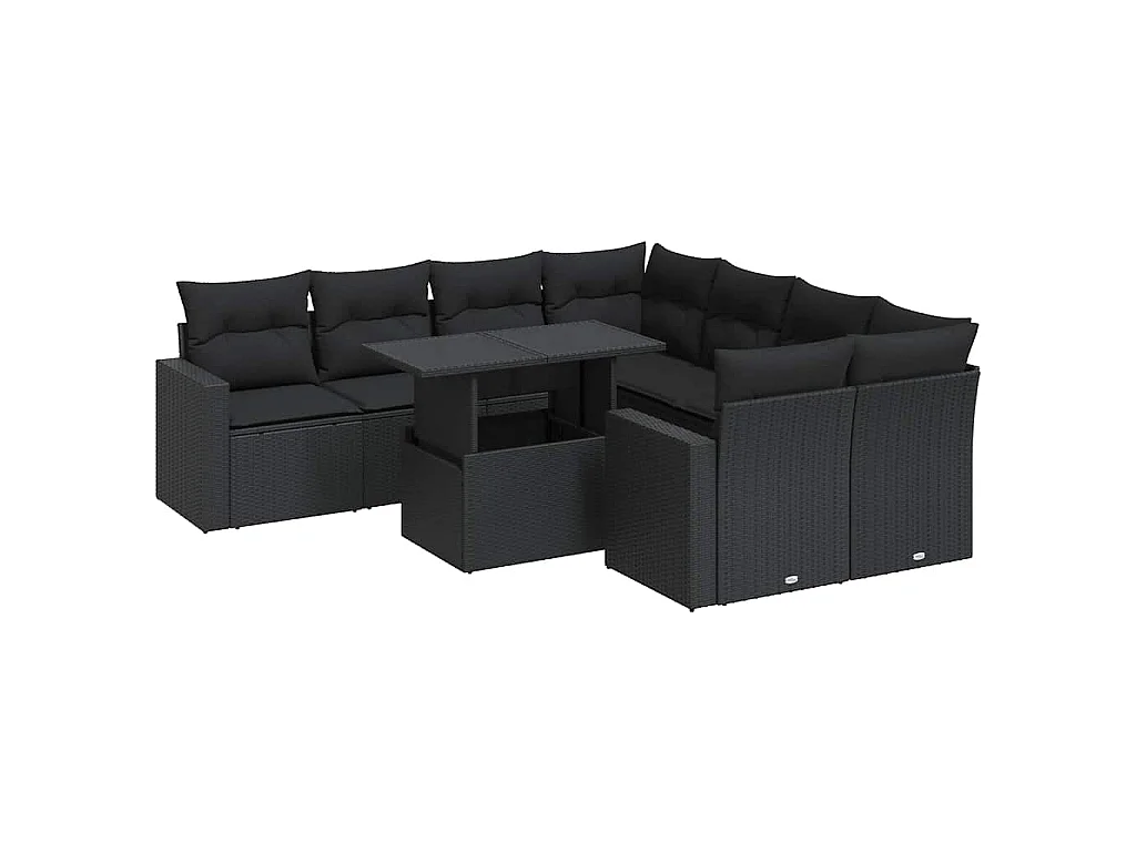 9-tlg. Garten-Sofagarnitur mit Kissen Schwarz Poly Rattan