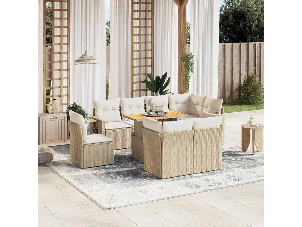 Set Divano da Giardino 9 pz con Cuscini Beige in Polyrattan