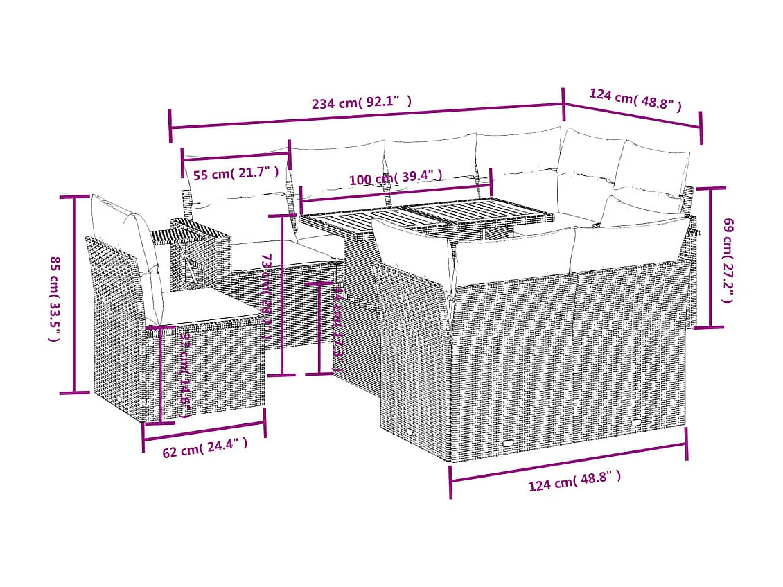 Set Divano da Giardino 9 pz con Cuscini Beige in Polyrattan