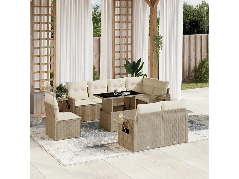 9-tlg. Garten-Sofagarnitur mit Kissen Beige Poly Rattan