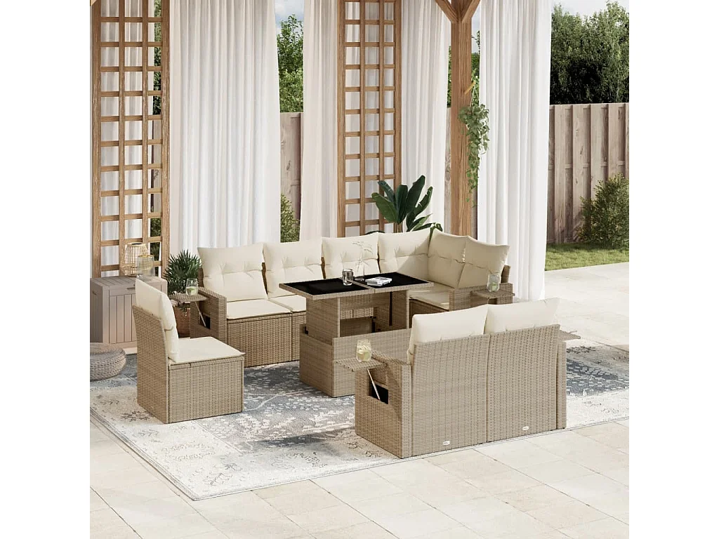 Set Divano da Giardino 9 pz con Cuscini Beige in Polyrattan