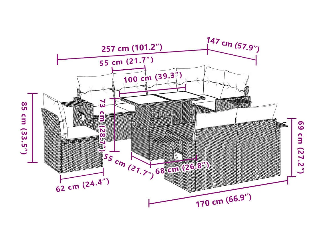 Set Divano da Giardino 9 pz con Cuscini Beige in Polyrattan