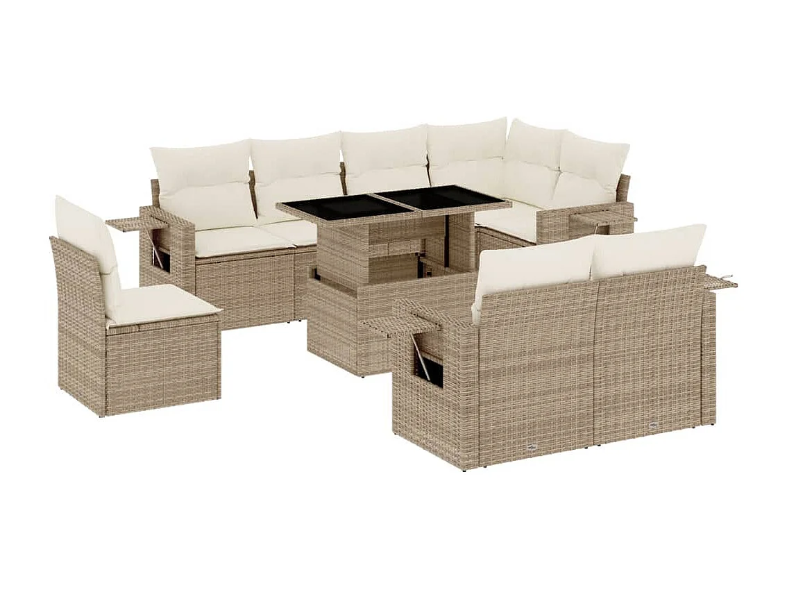 Salon de jardin avec coussins 9 pcs beige résine tressée