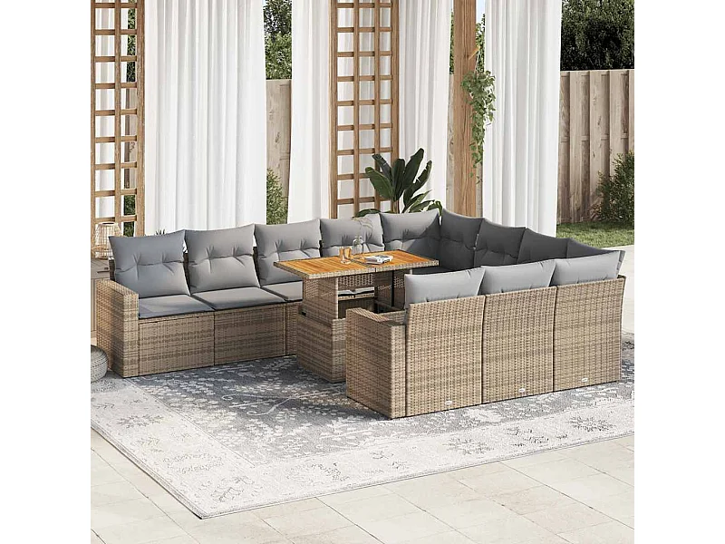 Salon de jardin 11 pcs avec coussins beige résine tressée