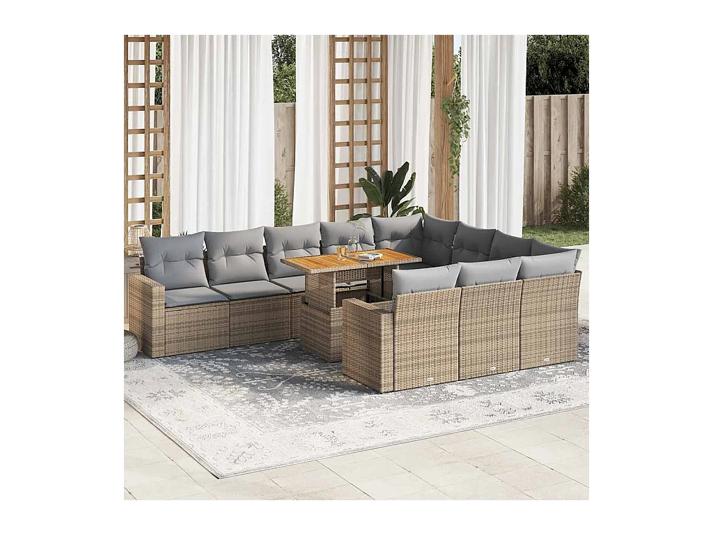 11-delige Tuinset met kussens poly rattan beige