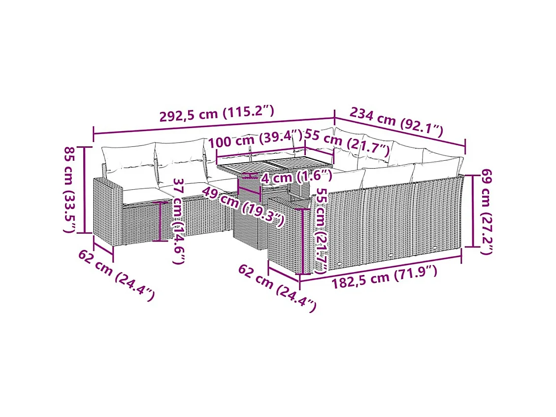 11-delige Tuinset met kussens poly rattan beige