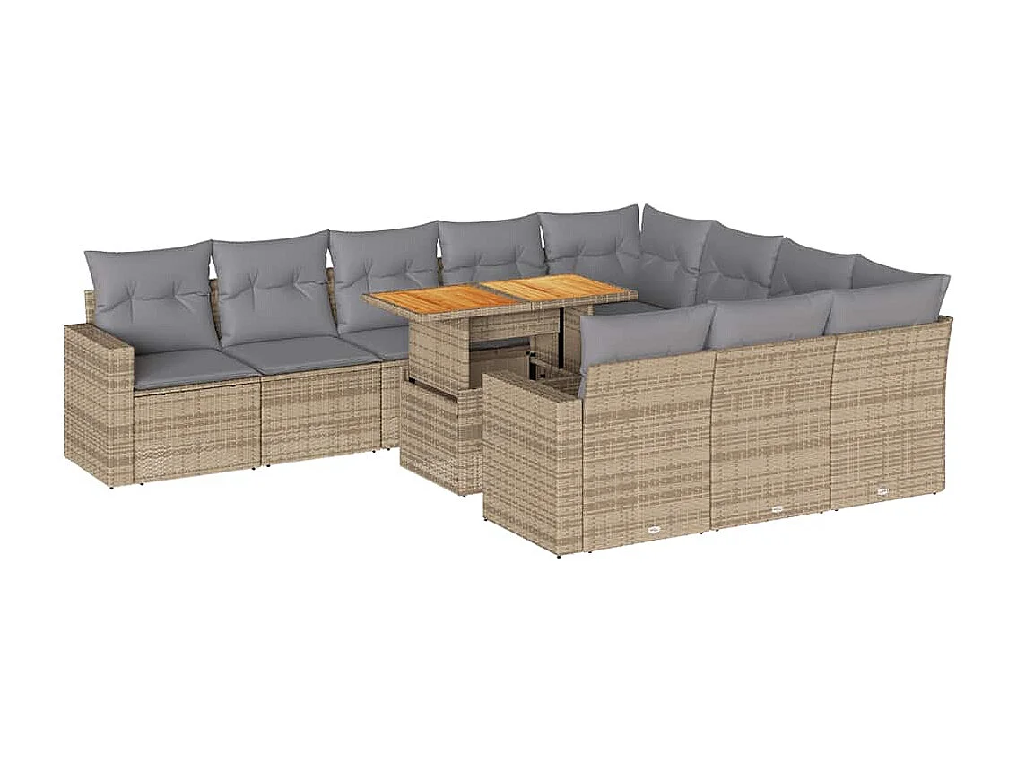 11-tlg. Garten-Sofagarnitur mit Kissen Beige Poly Rattan