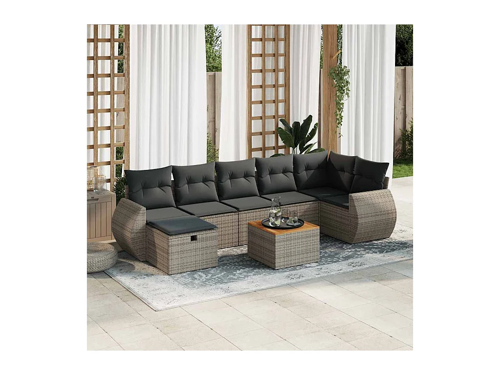 8-delige Loungeset met kussens poly rattan grijs