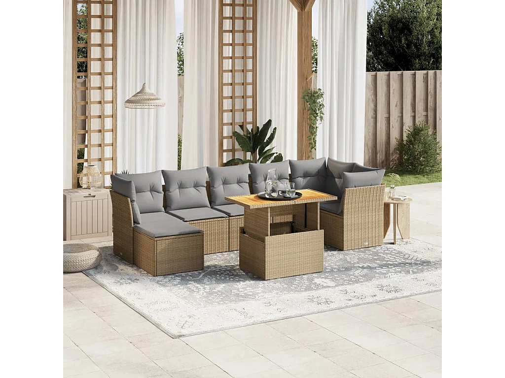 8-delige Loungeset met kussens poly rattan beige