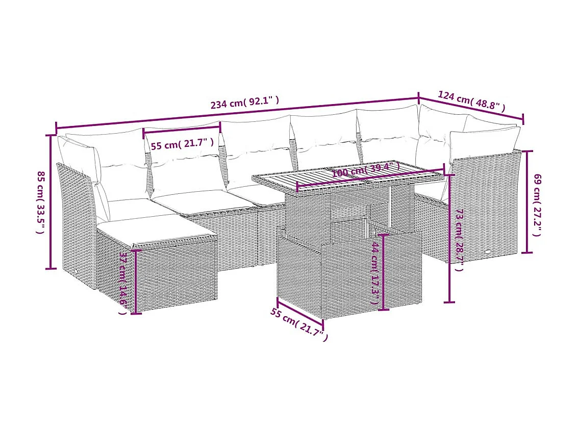 8-tlg. Garten-Sofagarnitur mit Kissen Beige Poly Rattan