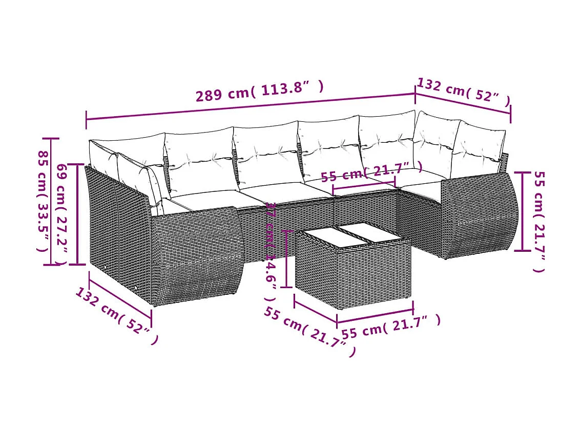 8-delige Loungeset met kussens poly rattan bruin