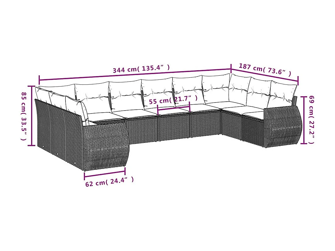 11 pcs conjunto sofás de jardim c/ almofadões vime PE castanho
