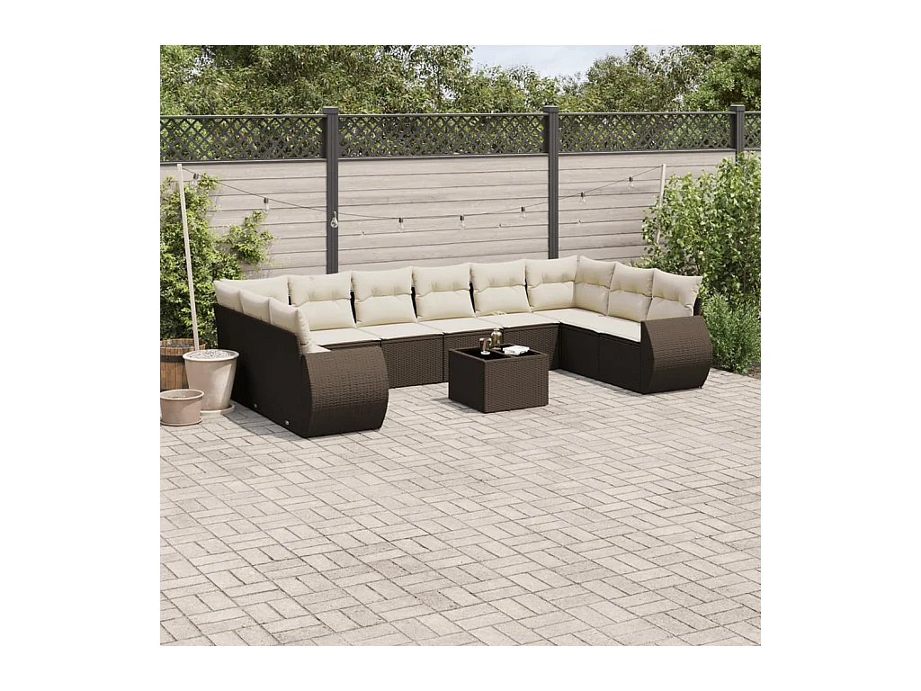 Salon de jardin et coussins 11 pcs marron résine tressée