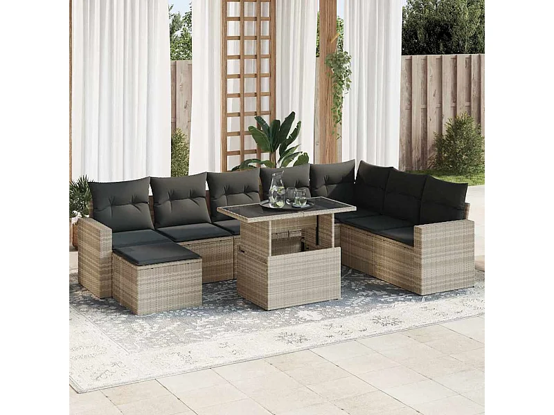 9-tlg. Garten-Sofagarnitur mit Kissen Hellgrau Poly Rattan