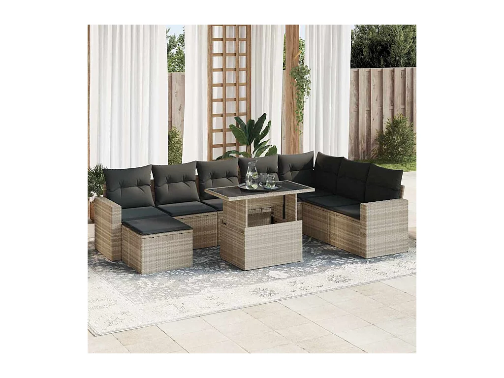 Salon de jardin 9 pcs avec coussins gris clair résine tressée