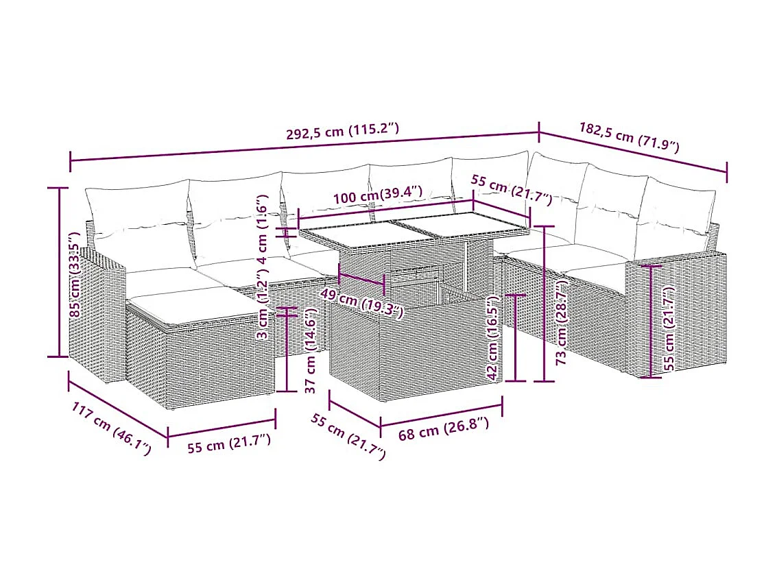 Salon de jardin 9 pcs avec coussins gris clair résine tressée
