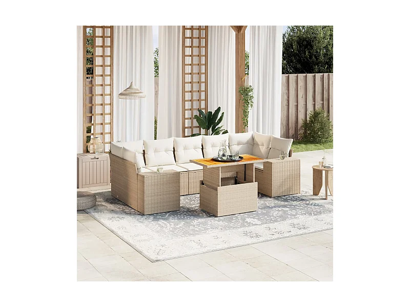 Salon de jardin avec coussins 8 pcs beige résine tressée