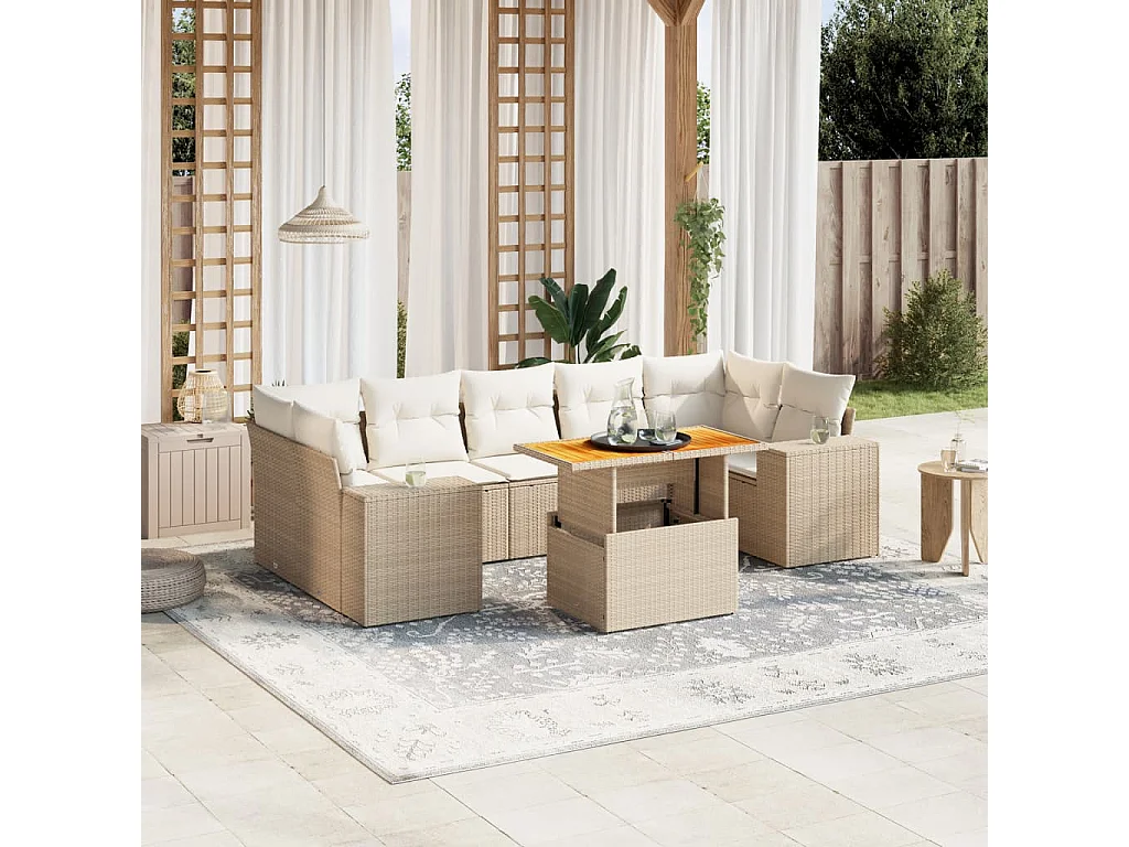 8-delige Loungeset met kussens poly rattan beige