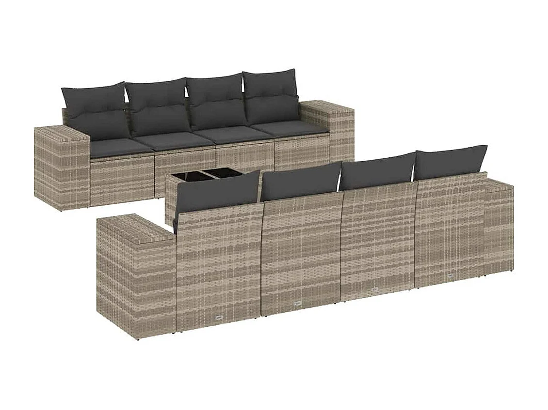 9-tlg. Garten-Sofagarnitur mit Kissen Hellgrau Poly Rattan