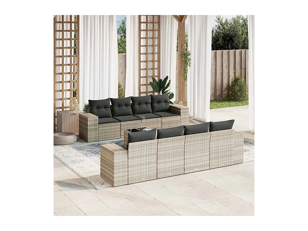 Salon de jardin 9 pcs avec coussins gris clair résine tressée