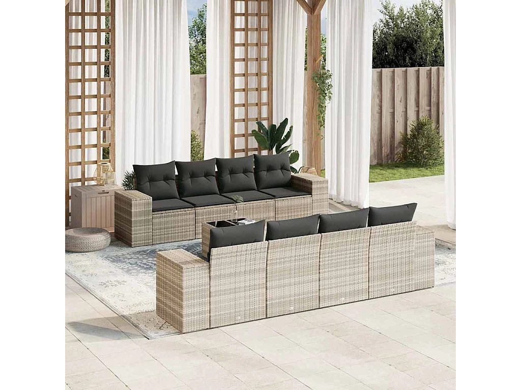 Salon de jardin 9 pcs avec coussins gris clair résine tressée
