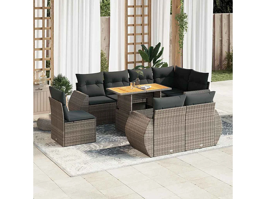 9-tlg. Garten-Sofagarnitur mit Kissen Grau Poly Rattan
