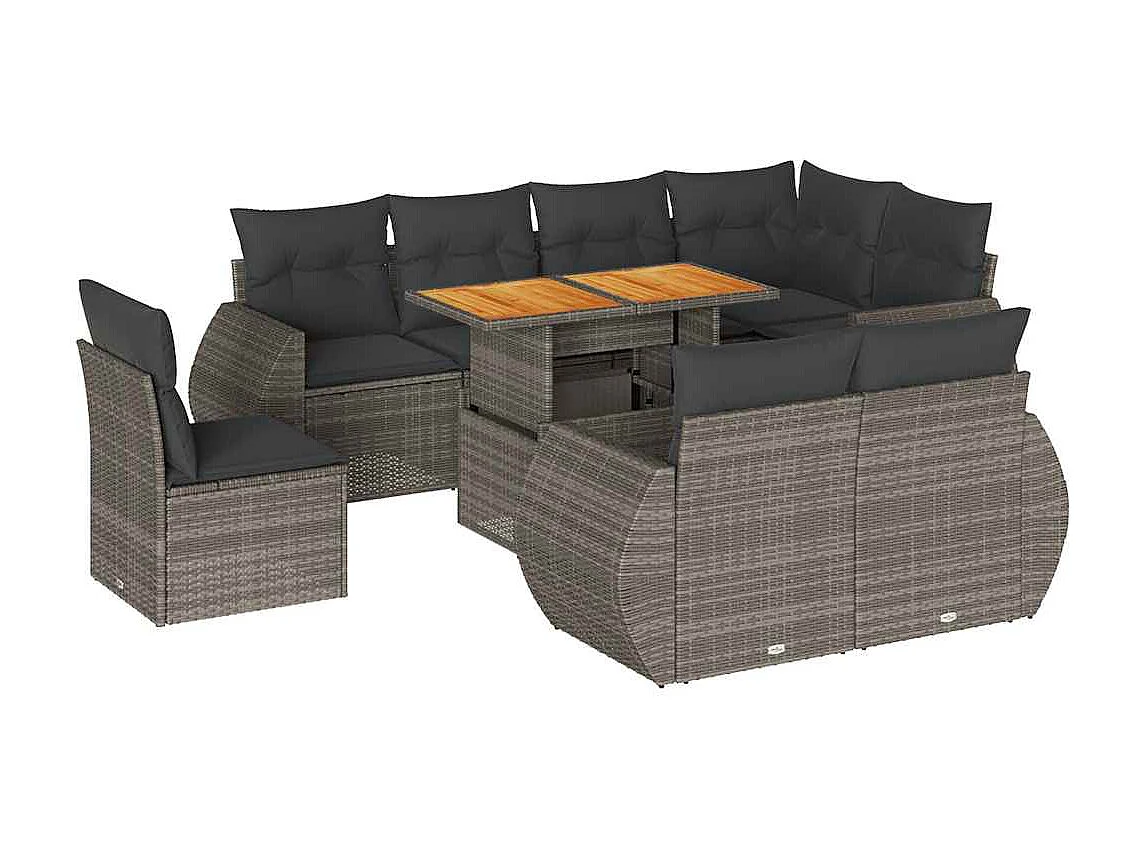 9-tlg. Garten-Sofagarnitur mit Kissen Grau Poly Rattan