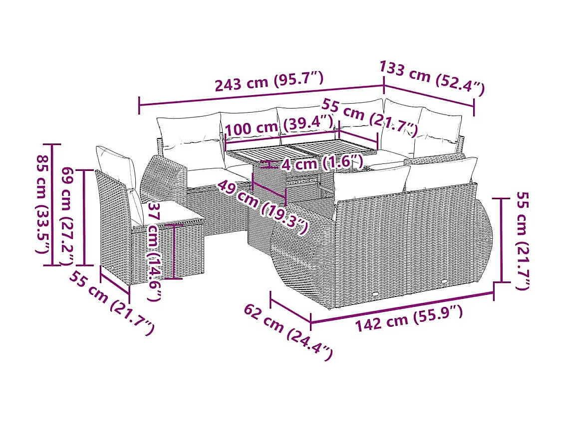 9-tlg. Garten-Sofagarnitur mit Kissen Grau Poly Rattan