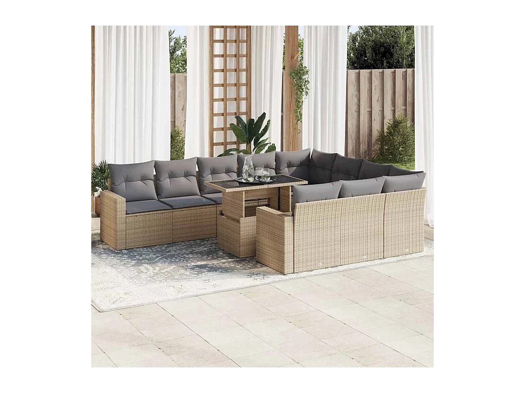 Salon de jardin 11 pcs avec coussins beige résine tressée