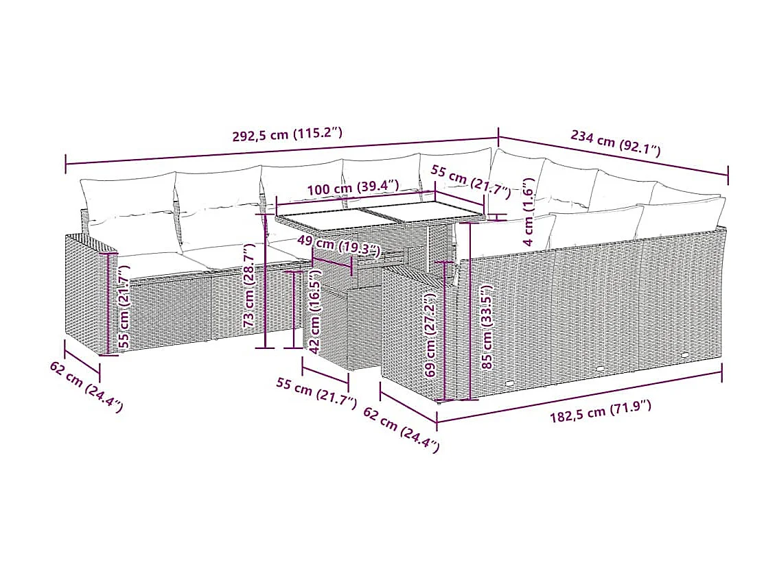 11 pcs conjunto sofás de jardim c/ almofadões vime PE bege