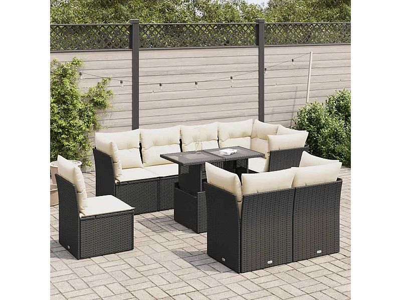 Set Divani da Giardino 9 pz con Cuscini Nero in Polyrattan