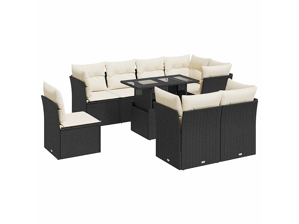 Set de sofás de jardín con cojines 9 pzas ratán sintético negro