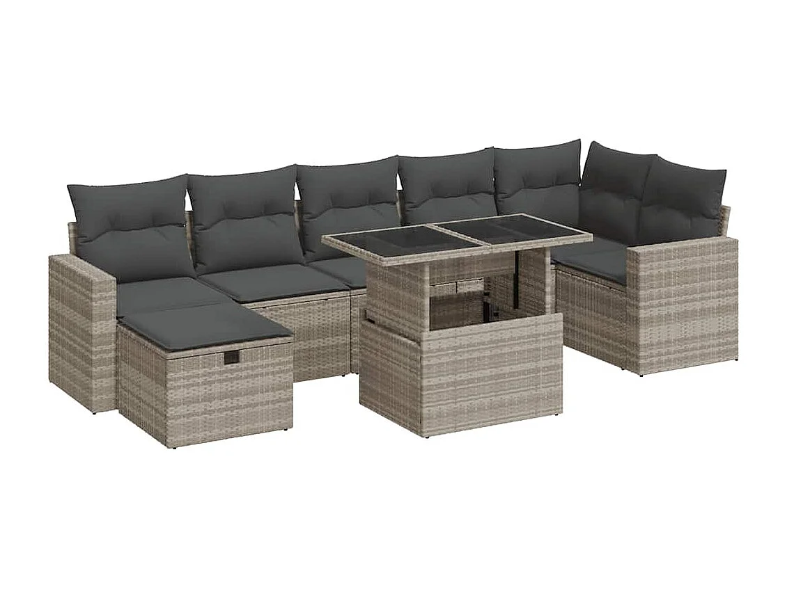 8 pcs conj. sofás jardim c/ almofadões vime PE cinzento-claro