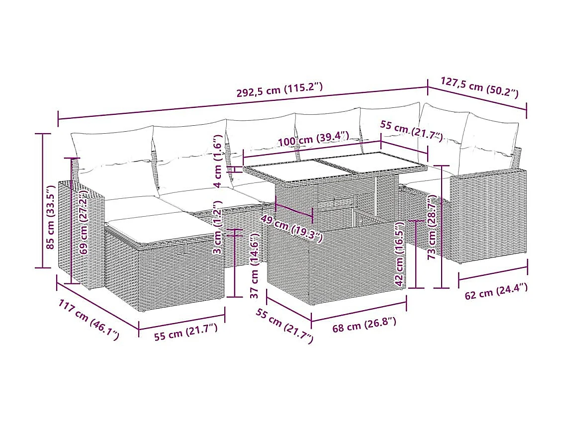 8 pcs conj. sofás jardim c/ almofadões vime PE cinzento-claro
