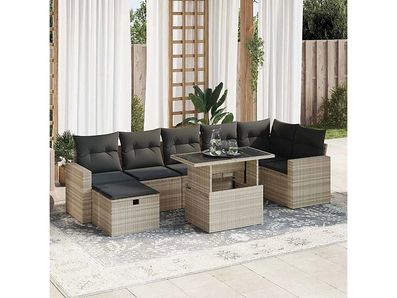 Salon de jardin 8 pcs avec coussins gris clair résine tressée