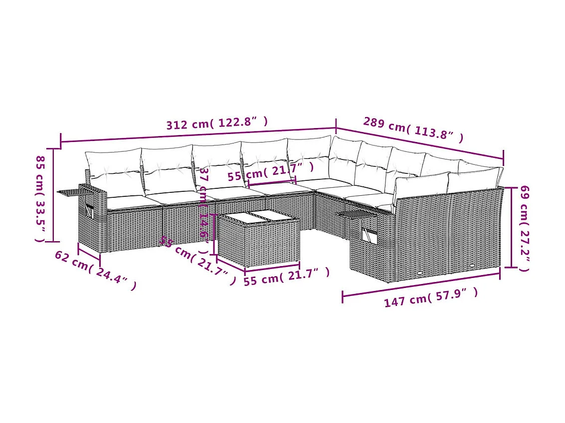 11-tlg. Garten-Sofagarnitur mit Kissen Braun Poly Rattan