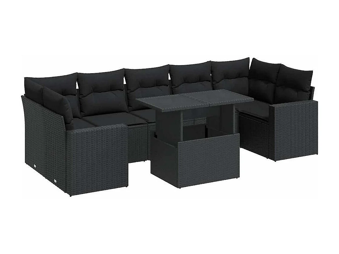 Salon de jardin 8 pcs avec coussins noir résine tressée
