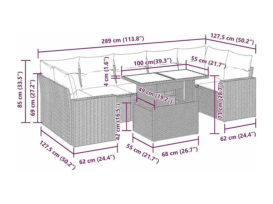 Salon de jardin 8 pcs avec coussins noir résine tressée