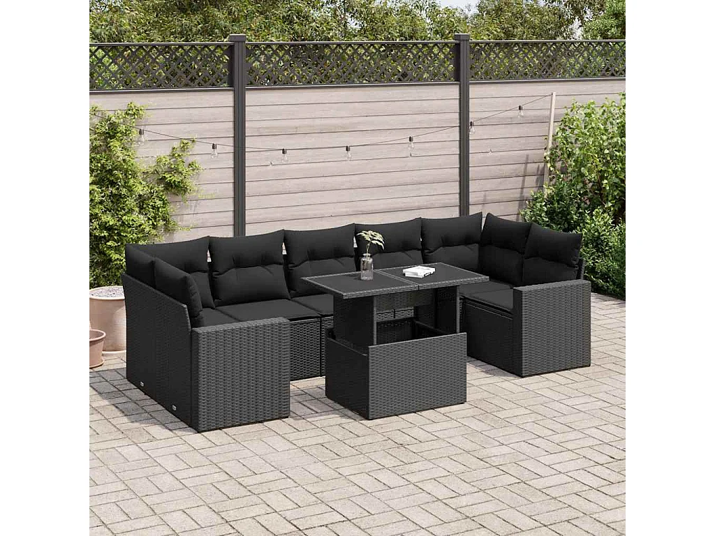 8-delige Loungeset met kussens poly rattan zwart